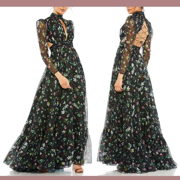 NWT $598 MAC DUGGAL [ 6 ] Chiffon Floral Hi Neck Puff Sleeve‎ Gown Black - Picture 16 of 16